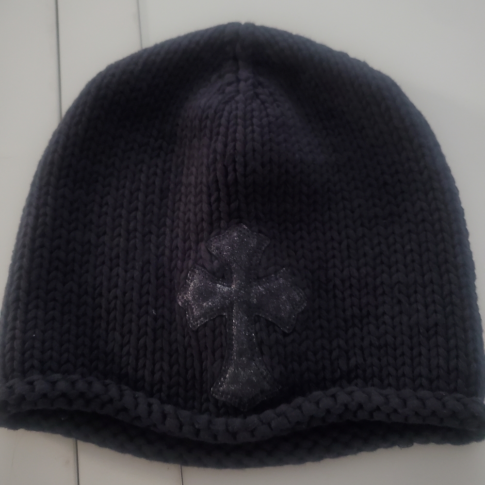 Black Knit Beanie with Cross Design